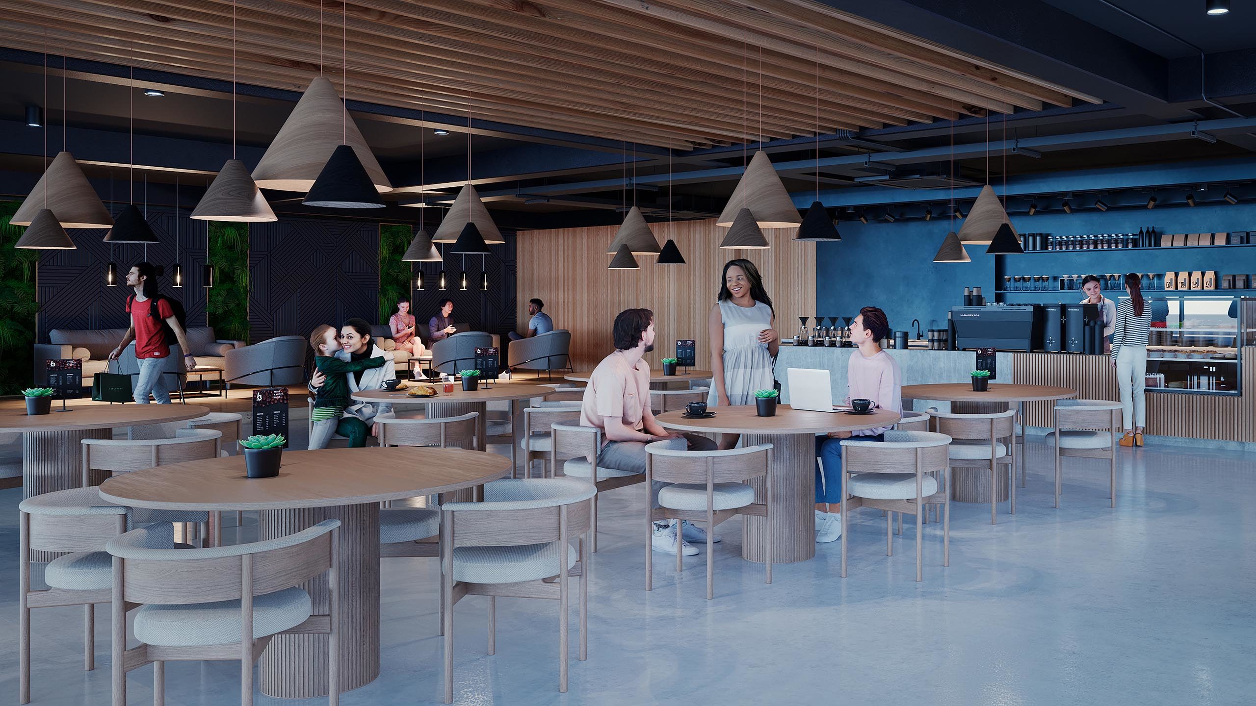 een 3D tekening van een cafe waar meerdere gasten koffie drinken en elkaar ontmoeten
