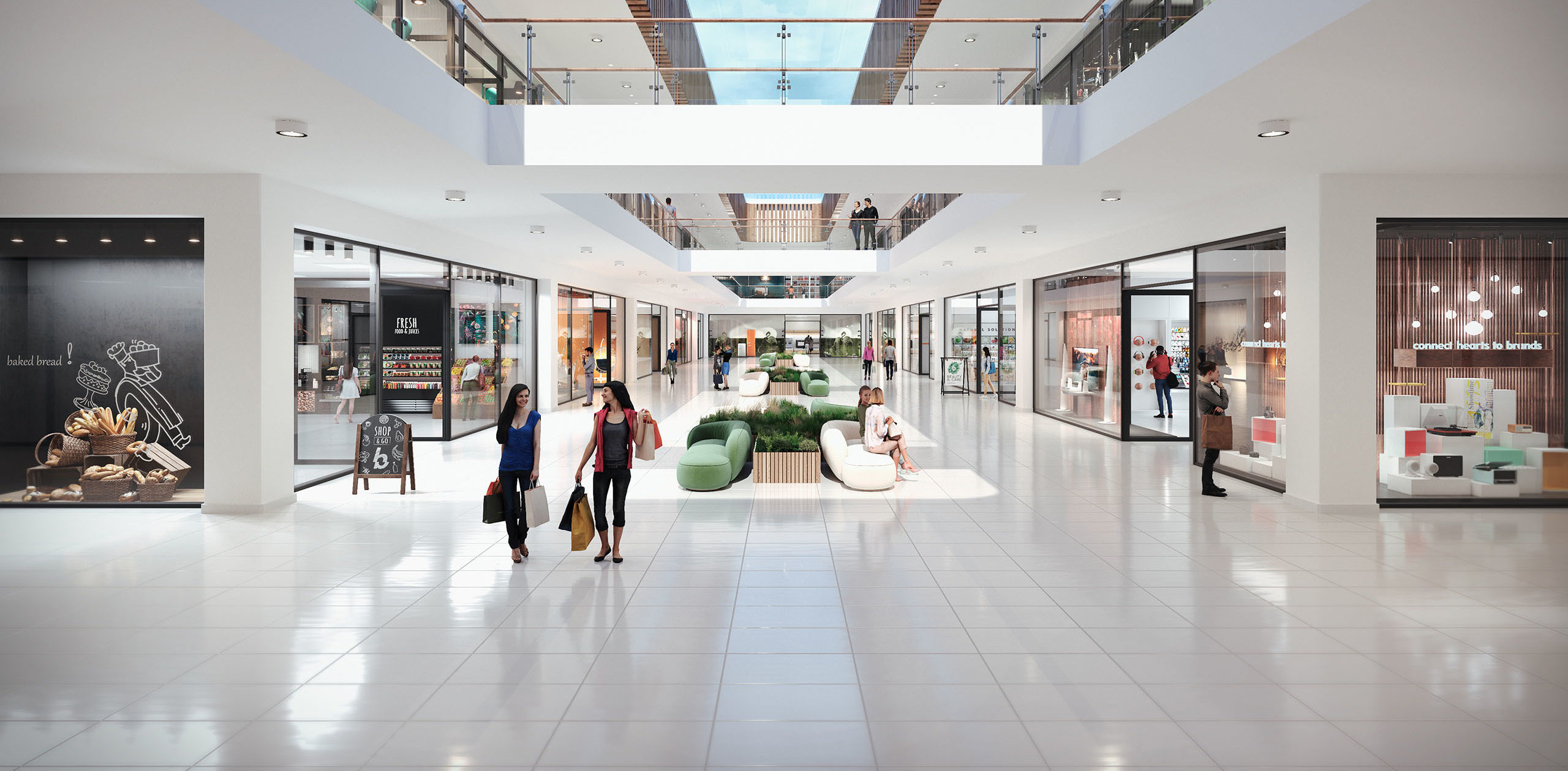 een virtuele animatie van een winkelcentrum met twee winkelende vrouwen