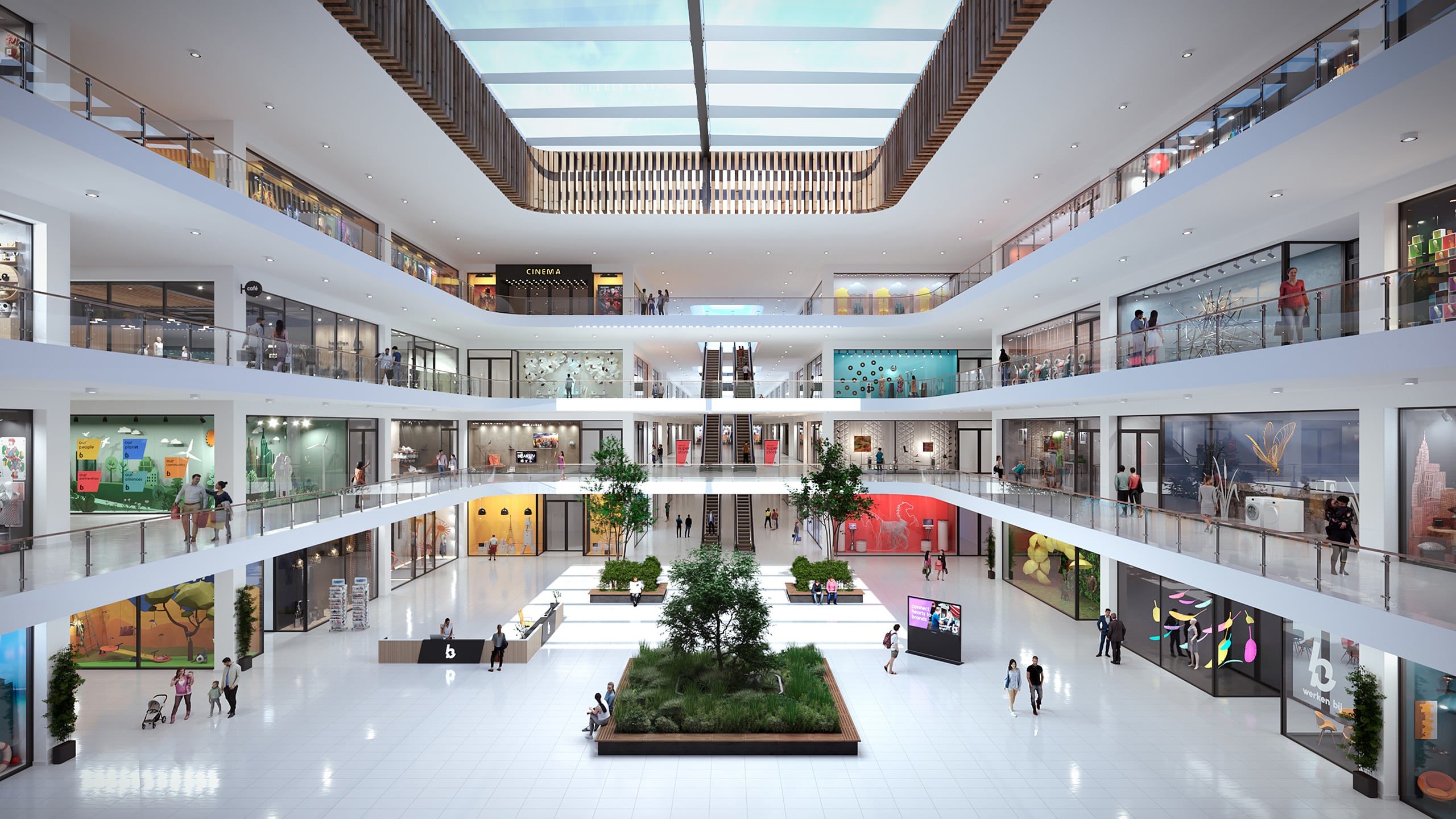 3d tekening van de hamilton bright shoppingmall waar je de binnenkant ziet en verschillende winkels