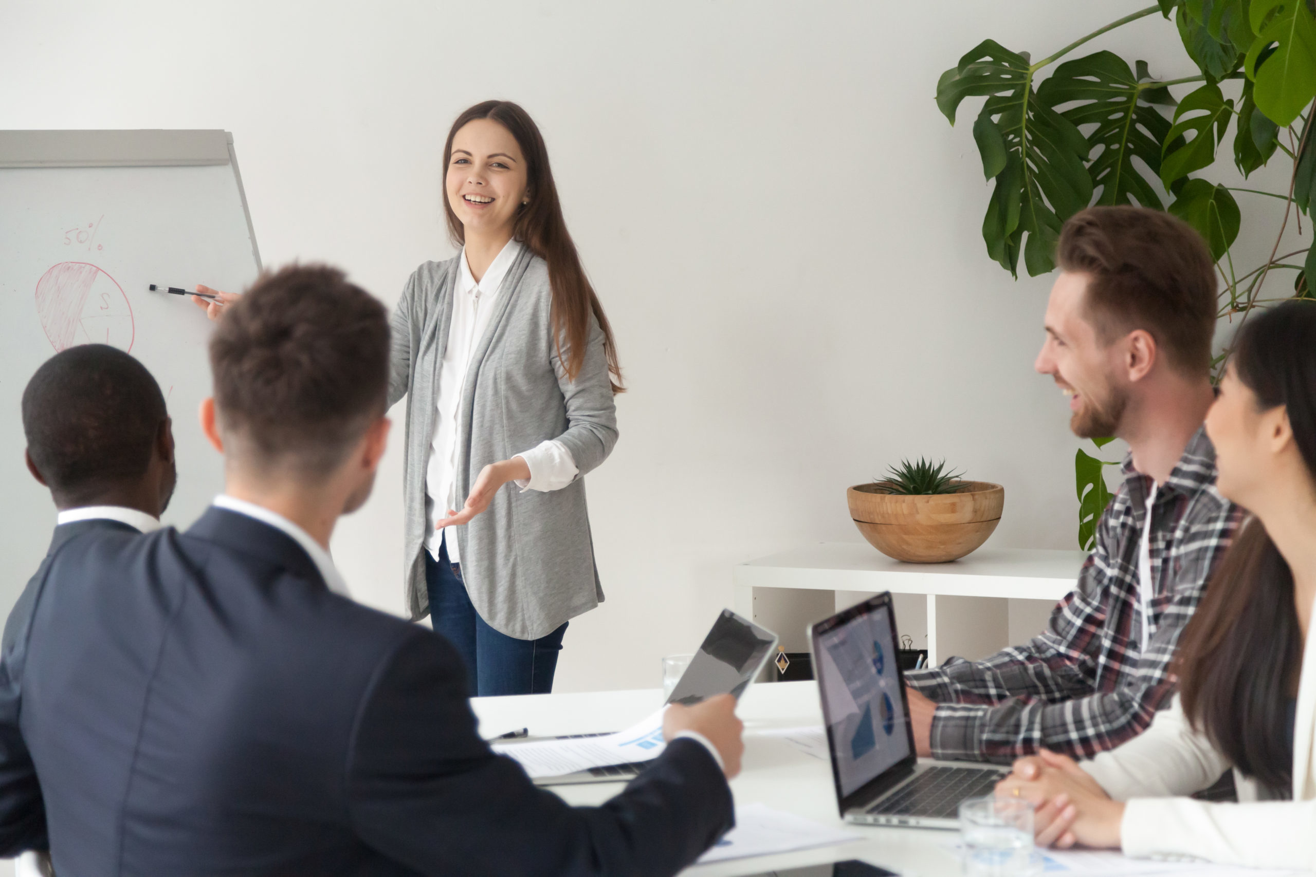lachende jonge medewerker met lang bruin haar geeft een presentatie op een flipchart aan vier sales advisors
